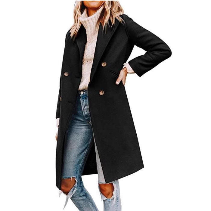 Damen eleganter, klassischer Wollmantel mit doppelter Knopfreihe und praktischen Taschen Drune