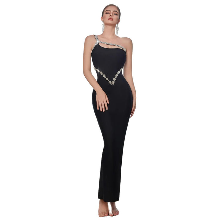 Damen Elegantes Figurbetontes Abendkleid mit asymmetrischem Trägerschnitt und Strassverzierungen Drune