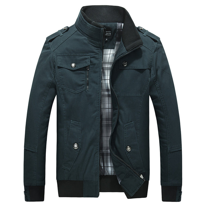 Herren Übergangsjacke im Field‑Stil mit Stehkragen, Epauletten und kariertem Innenfutter Drune