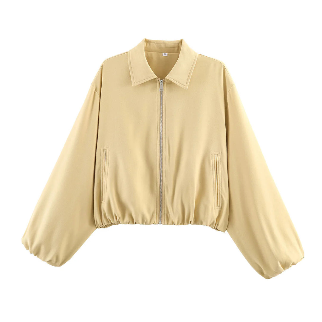 Damen nan Cropped Bomberjacke mit durchgehendem Reißverschluss, weitem Ballonärmeln und elastischem Saum Drune
