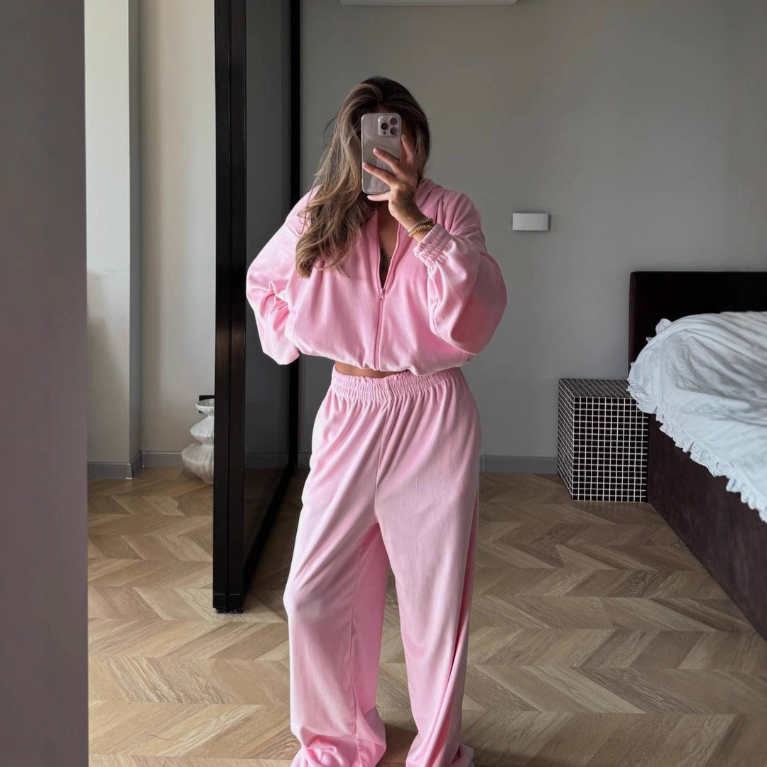 Damen Fleece-Loungewear-Anzug mit modernem Reißverschluss und weitem Schnitt Drune