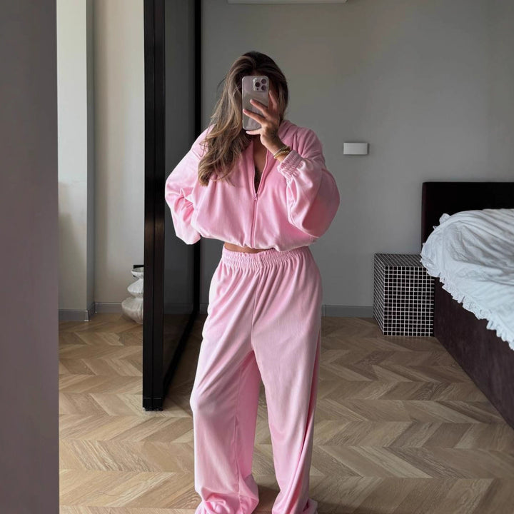 Damen Fleece-Loungewear-Anzug mit modernem Reißverschluss und weitem Schnitt Drune