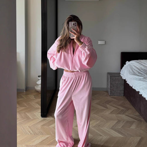 Damen Fleece-Loungewear-Anzug mit modernem Reißverschluss und weitem Schnitt Drune