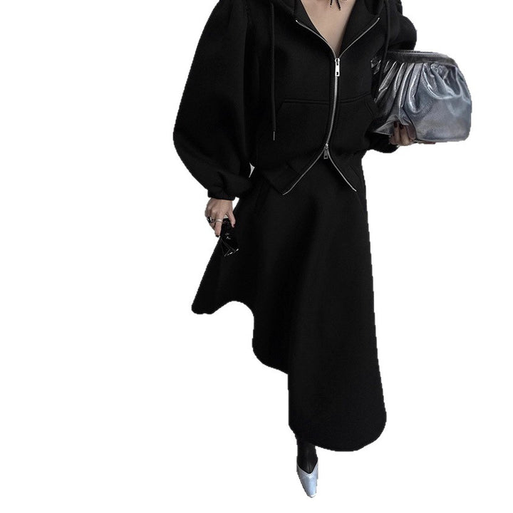 Damen Elegantes Sweatset aus Scuba‑Jersey mit Ballonärmeln und ausgestelltem Midirock Drune