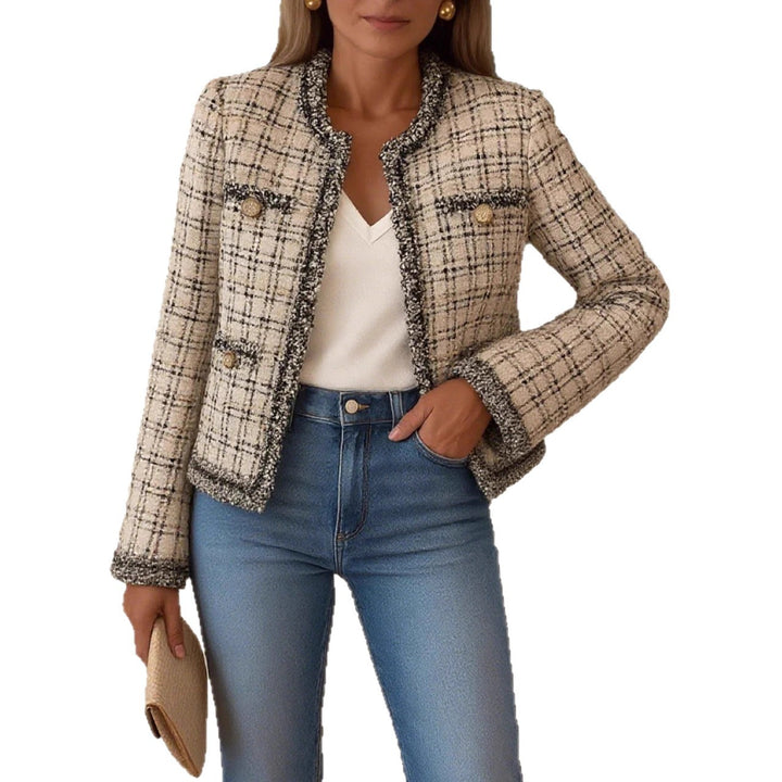 Damen nan kurze Bouclé-Tweedjacke im klassischen Schnitt mit Fransenbesatz und Zierknöpfen Drune