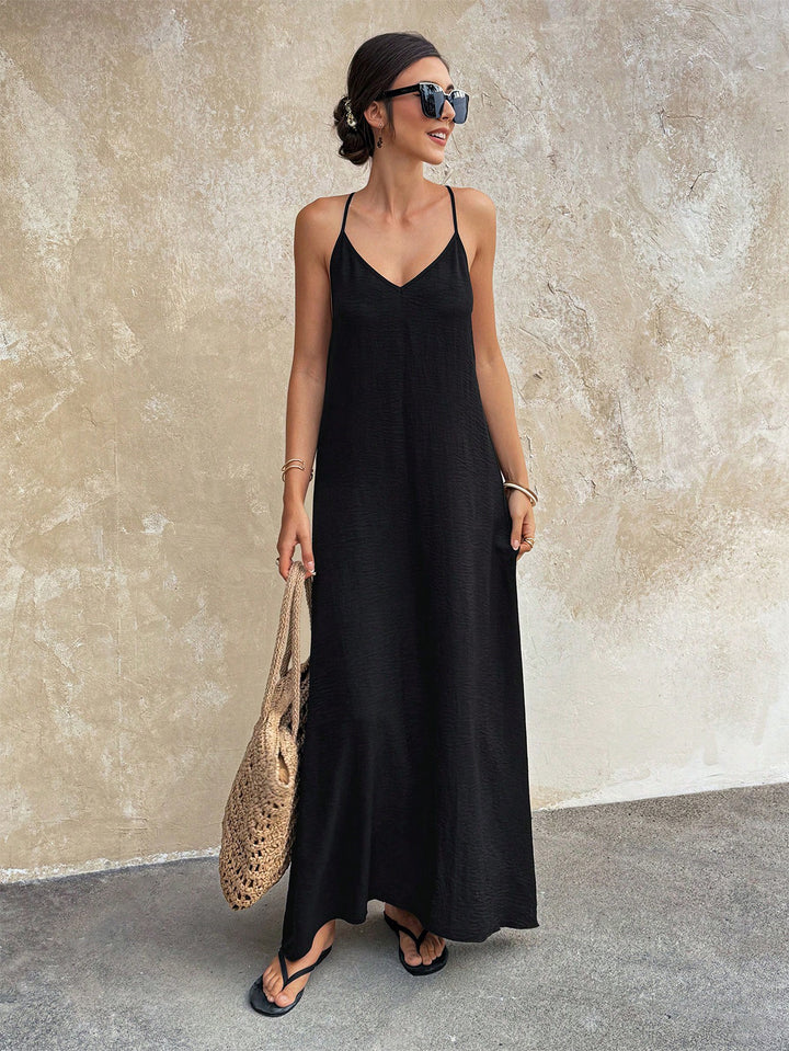 Damen Fließendes Maxikleid mit Spaghettiträgern, V-Ausschnitt und sommerlicher Leinenoptik Drune