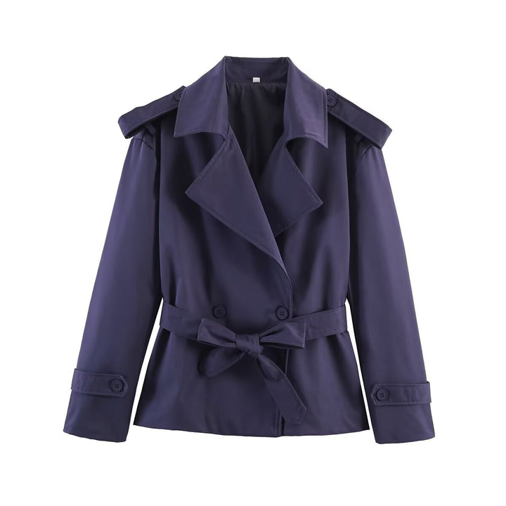Damen kurzer Trenchcoat mit Taillengürtel, doppelreihiger Front und Schulterklappen Drune