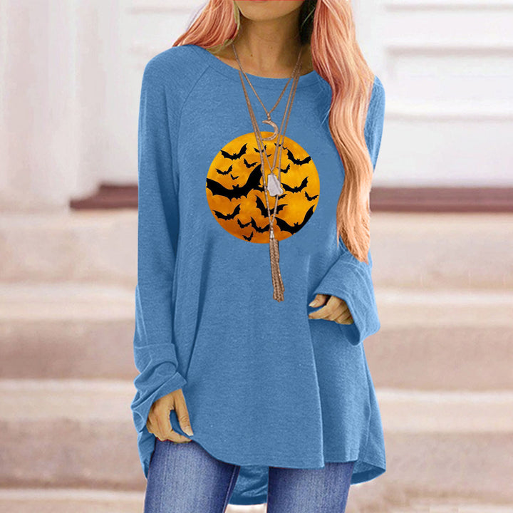 Damen Rundhalsshirt mit künstlerischem Halloween-Motiv und bequemer Passform Drune