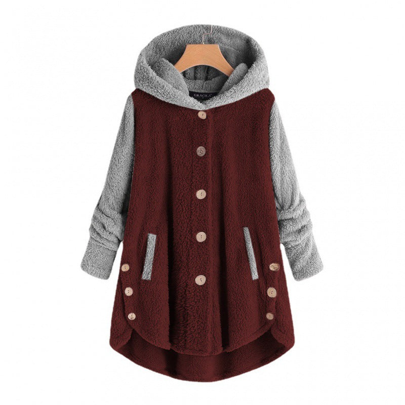 Damen Oversized Teddy-Mantel mit Kapuze, asymmetrischem Zipfelsaum und Holzknopf-Leiste Drune