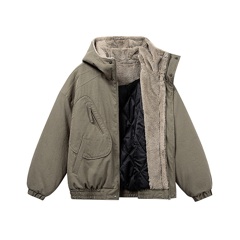 Unisex Kurz geschnittene Isolationsjacke im Boxy‑Cut mit Teddyinnenfutter und diagonal eingesetzten Reißverschlusstaschen Drune