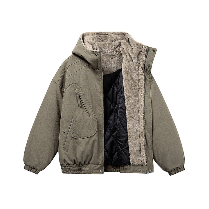 Unisex Kurz geschnittene Isolationsjacke im Boxy‑Cut mit Teddyinnenfutter und diagonal eingesetzten Reißverschlusstaschen Drune