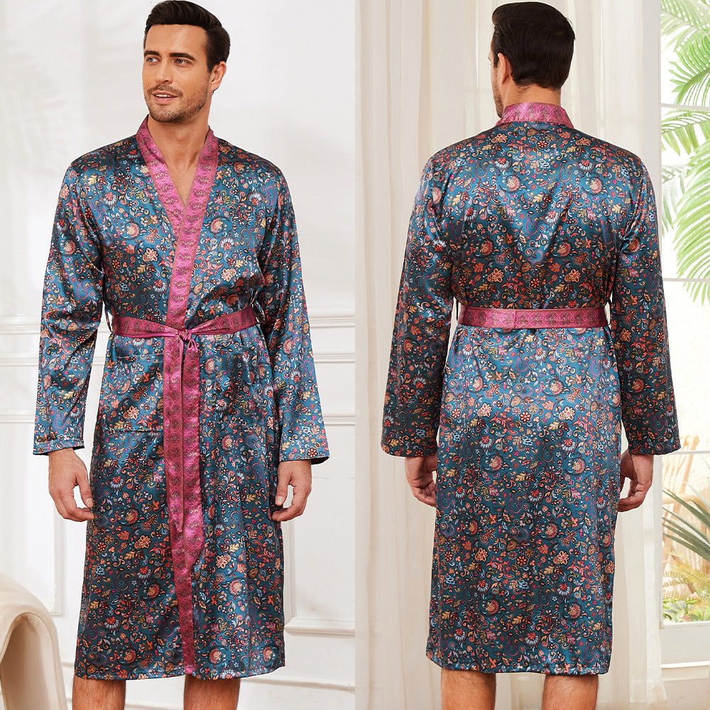 Herren Satin Morgenmantel mit auffälligem Muster und Taillengürtel Drune