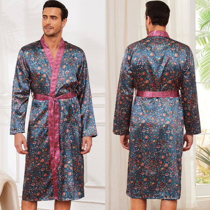 Herren Satin Morgenmantel mit auffälligem Muster und Taillengürtel Drune