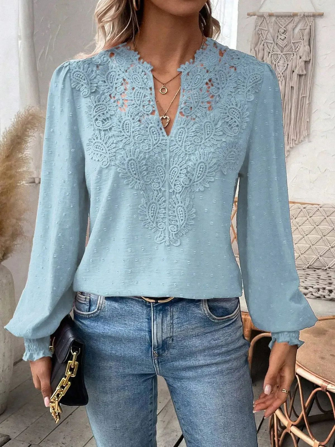 Damen elegante Bluse mit besticktem V-Ausschnitt Drune