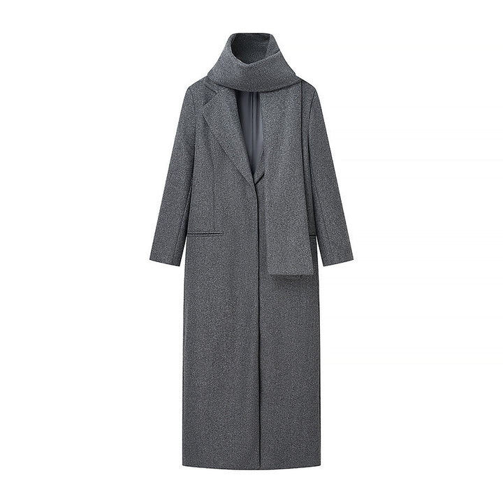 Damen Maxilanger Wollmix-Mantel mit integriertem Loop-Schal und cleanem Revers Drune