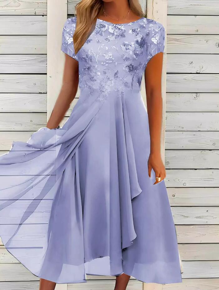 Damen nan elegantes Chiffon-Midikleid mit floraler Spitzenapplikation und fließendem Tellerrock Drune