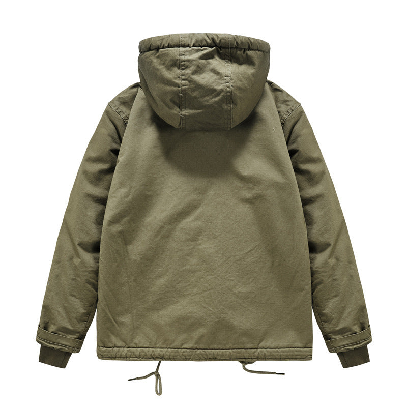 Herren Gefütterte Fieldjacke im Army‑Stil mit Teddyfleece‑Innenfutter und Kapuze Drune