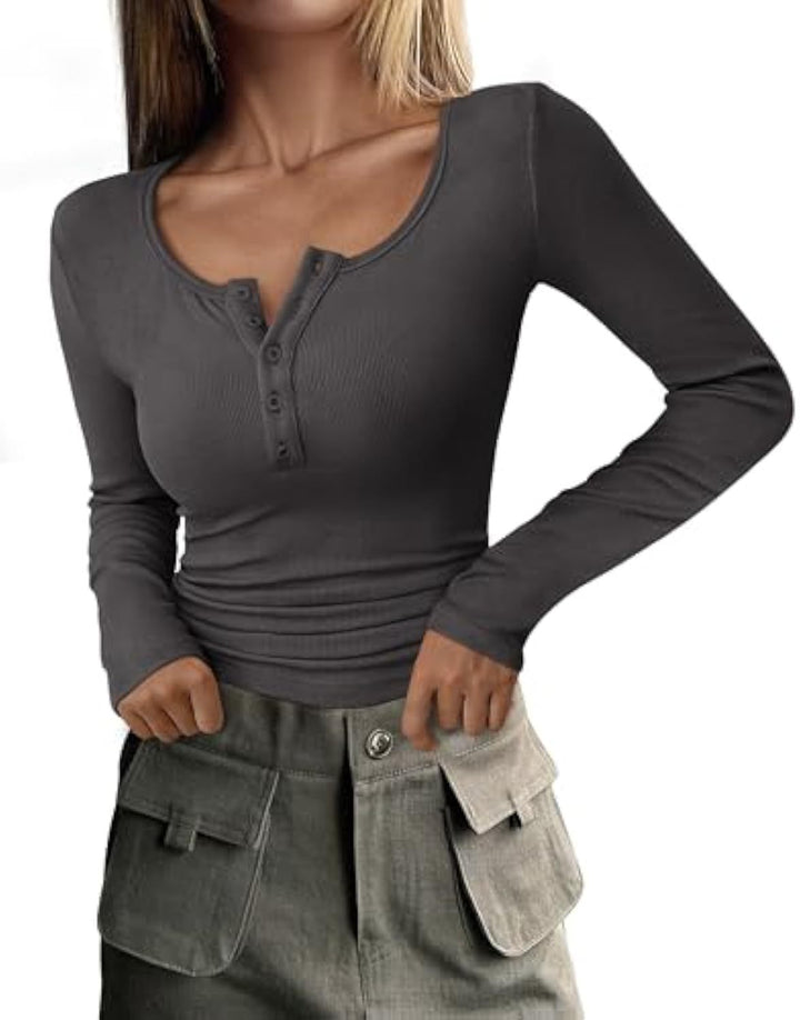 Damen Langärmeliges Rippshirt mit Henley-Knopfleiste und taillierter Passform Drune