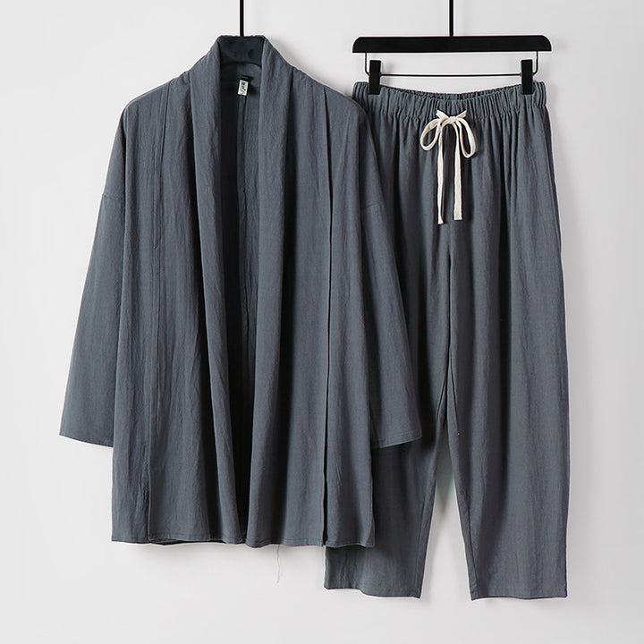 Unisex Lockeres Kimono-Lounge-Set aus leichter Baumwollmischung mit Schalkragen und Kordelbundhose Drune