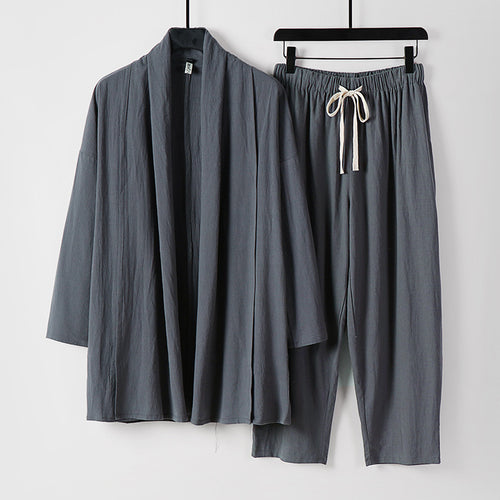 Unisex Lockeres Kimono-Lounge-Set aus leichter Baumwollmischung mit Schalkragen und Kordelbundhose Drune