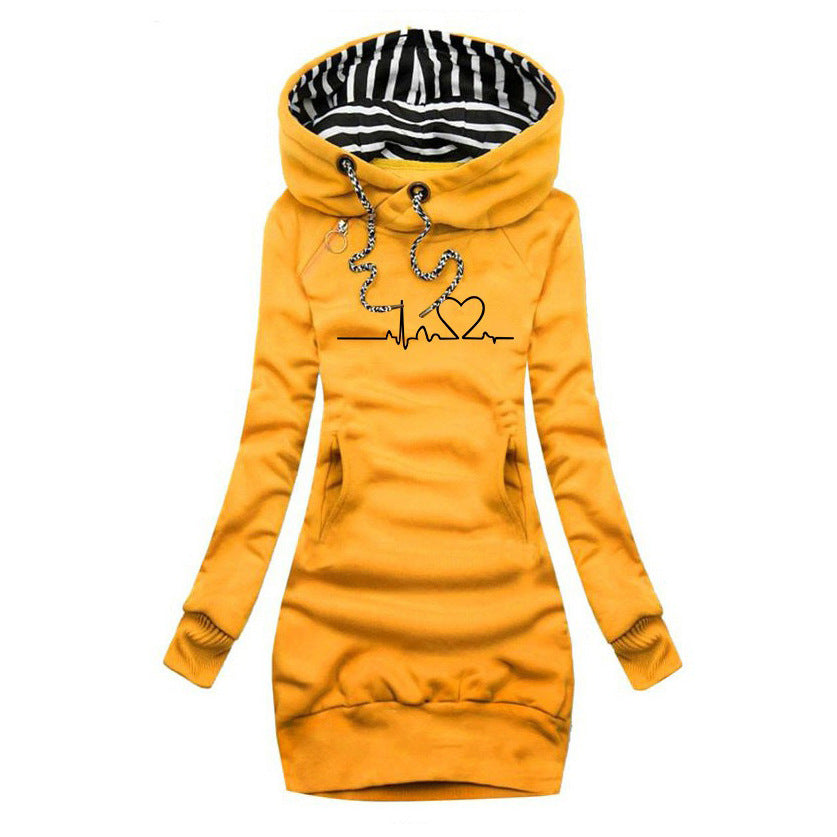 Damen Kapuzen-Sweatkleid mit gestreiftem Kapuzenfutter, Kängurutasche und Herz-EKG-Druck Drune