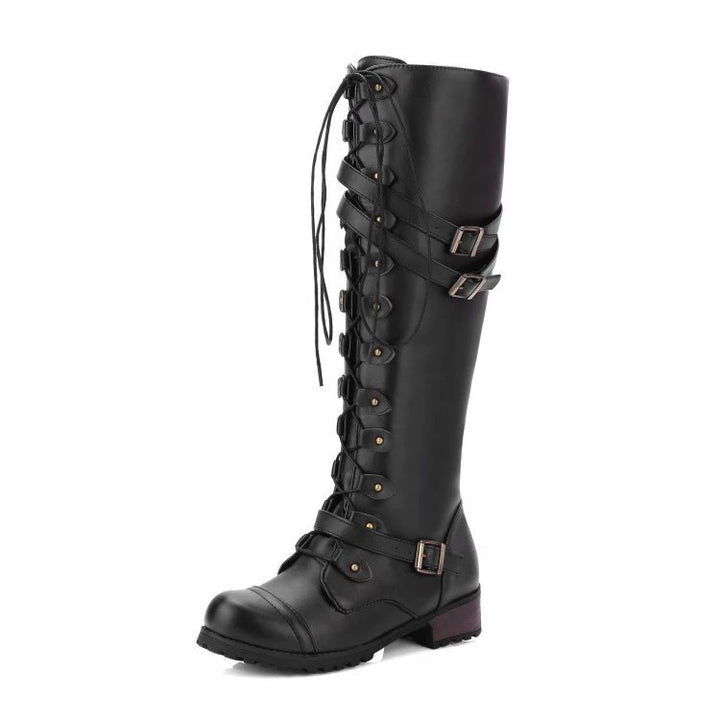 Damen Kniehohe Schnürstiefel mit verstellbaren Zierschnallen und robuster Profilsohle Drune