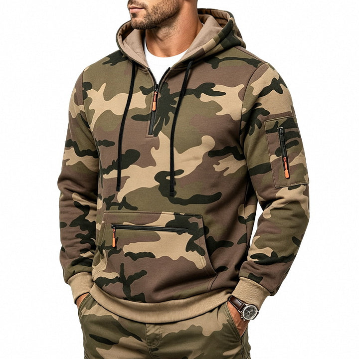 Herren Kapuzenpullover mit Tarnmuster, Reißverschlusstaschen und Kängurutasche Drune