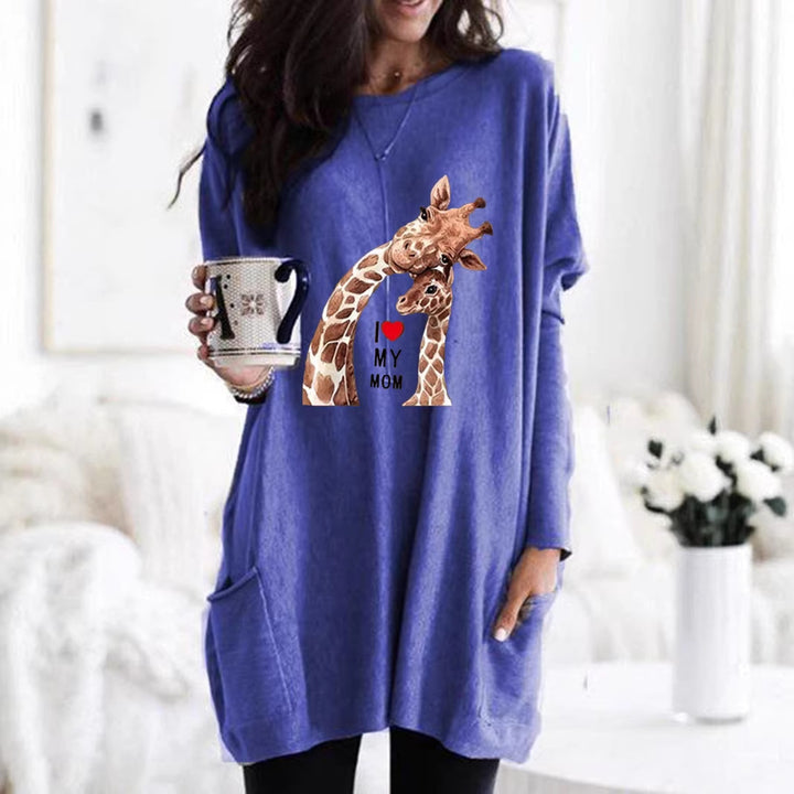 Frauen Übergroße Sweatkleid mit Giraffenmuster, Rundhalsausschnitt und Seitentaschen Drune