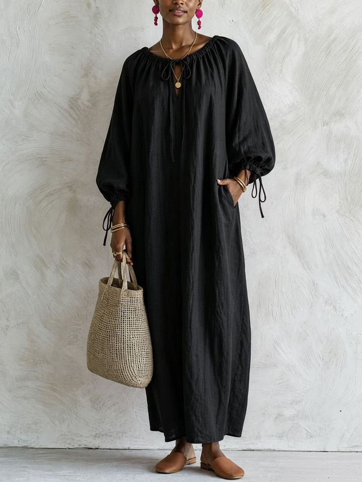 Damen Maxikleid im Kaftan-Stil mit gerafftem Rundhalsausschnitt, Ballonärmeln und Eingrifftaschen Drune