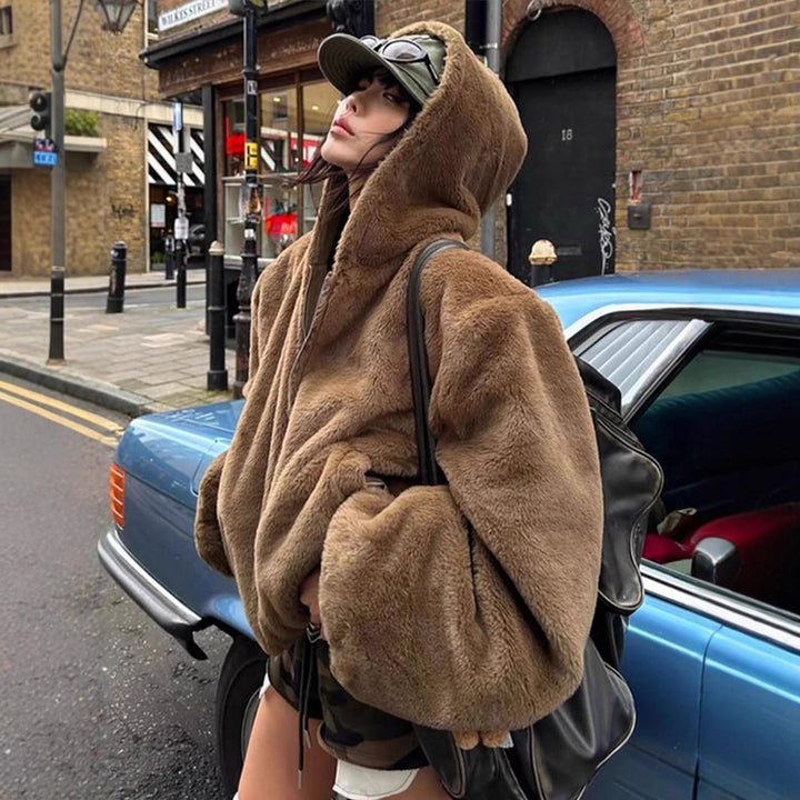 Damen Kurze Teddy-Fauxfur-Bomberjacke mit Kapuze, breitem Rippsaum und Zweiwege-Reißverschluss Drune