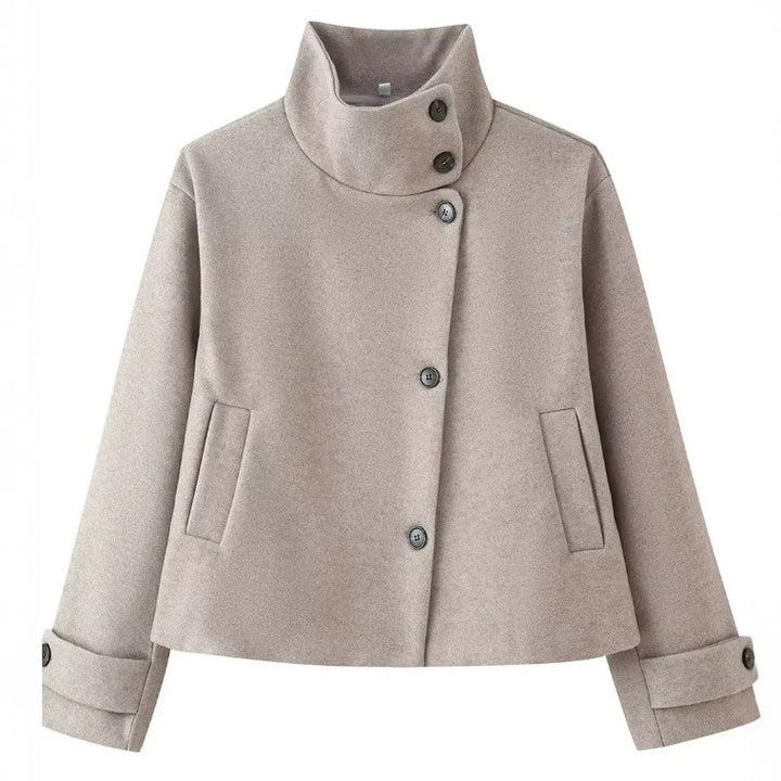 Damen Kurzjacke im Boxy‑Cut mit hohem Stehkragen und Hornknöpfen Drune