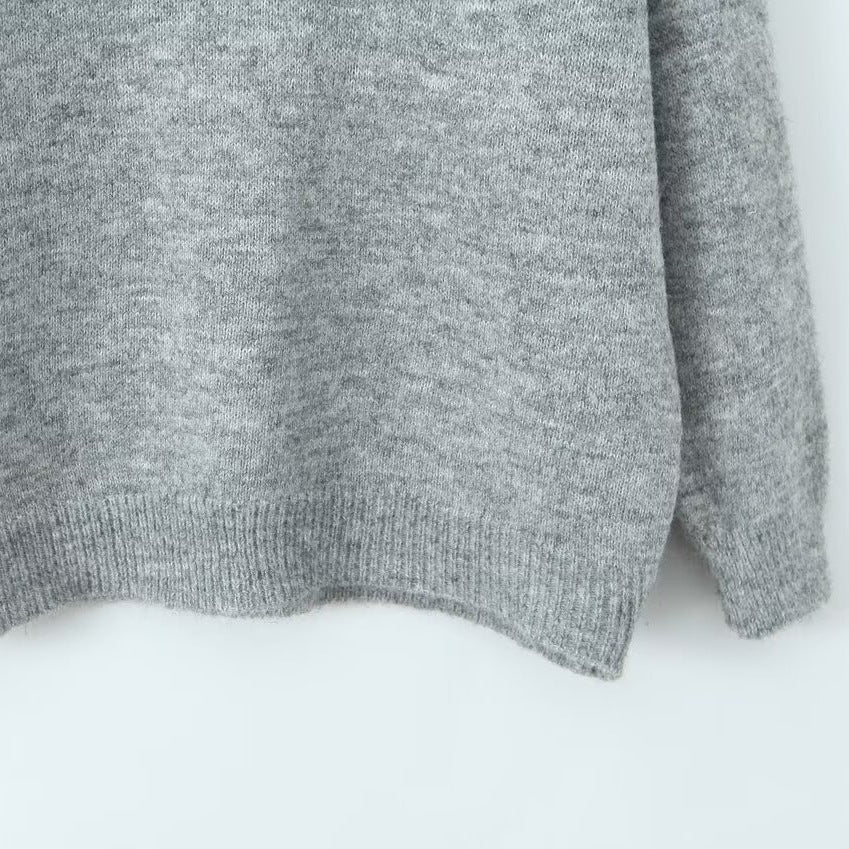 Damen lässiger Strickpullover mit Stehkragen und V-Ausschnitt Drune