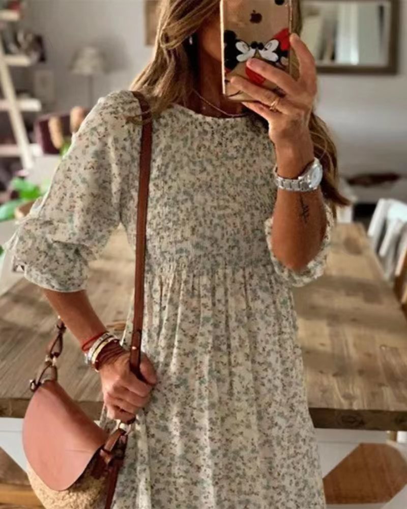Damen nan lockerfallendes Babydoll-Midikleid mit geraffter Unterbrust, überschnittenen Dreiviertelärmeln und feinem Blumenprint Drune