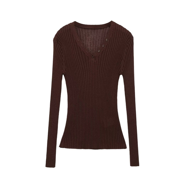 Damen Figurbetontes Rippstrick-Longsleeve mit V-Ausschnitt und Zierknopfleiste Drune