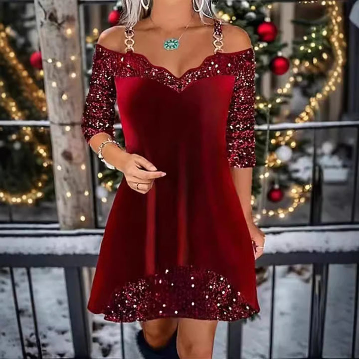 Damen nan schulterfreies Pailletten-Swingkleid mit zierlichen Ketten‑Trägern, halblangen Ärmeln und Volantbesatz Drune