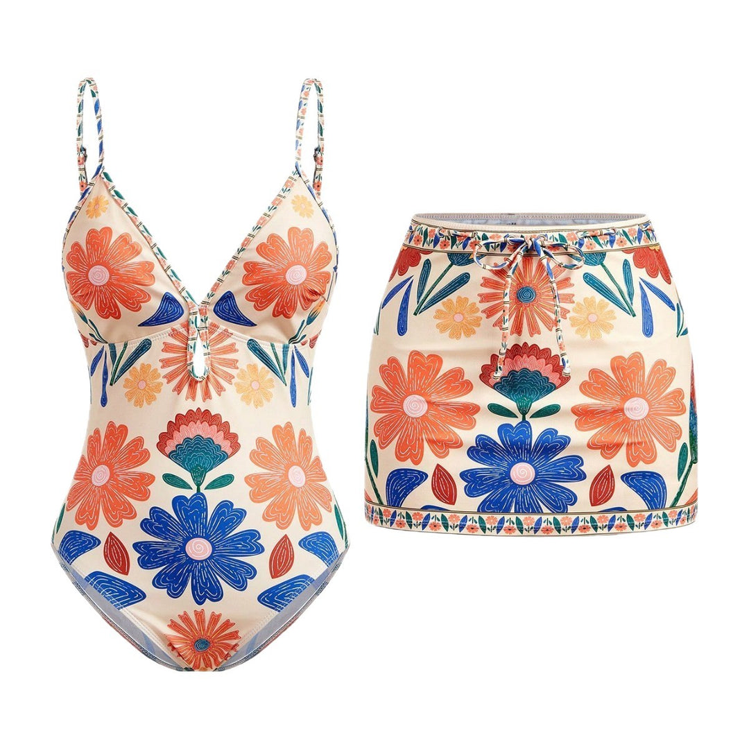 Damen Bikini-Set mit floralem Design und passendem Rock Drune