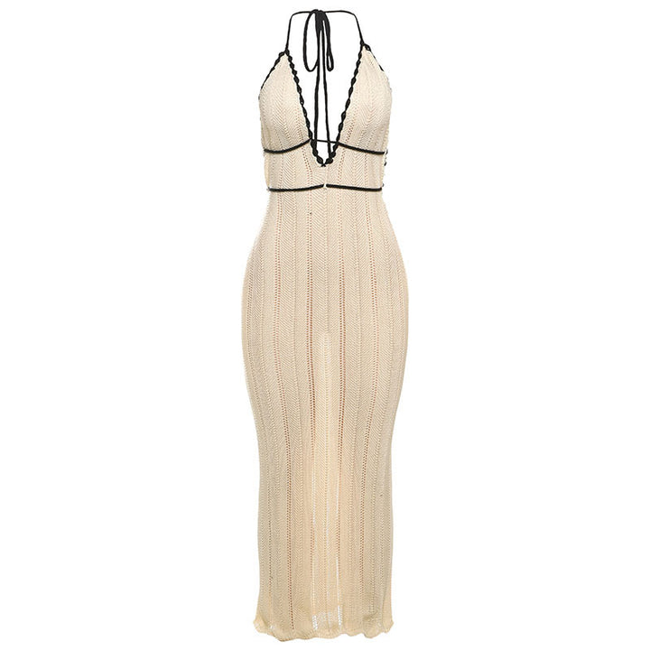 Damen Strick Maxikleid mit tiefem V-Ausschnitt und Bindebändern Drune
