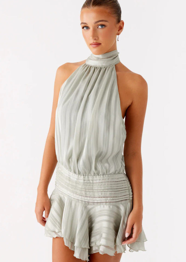 Damen Neckholder Minikleid mit Rüschensaum und gepolstertem Oberteil Drune