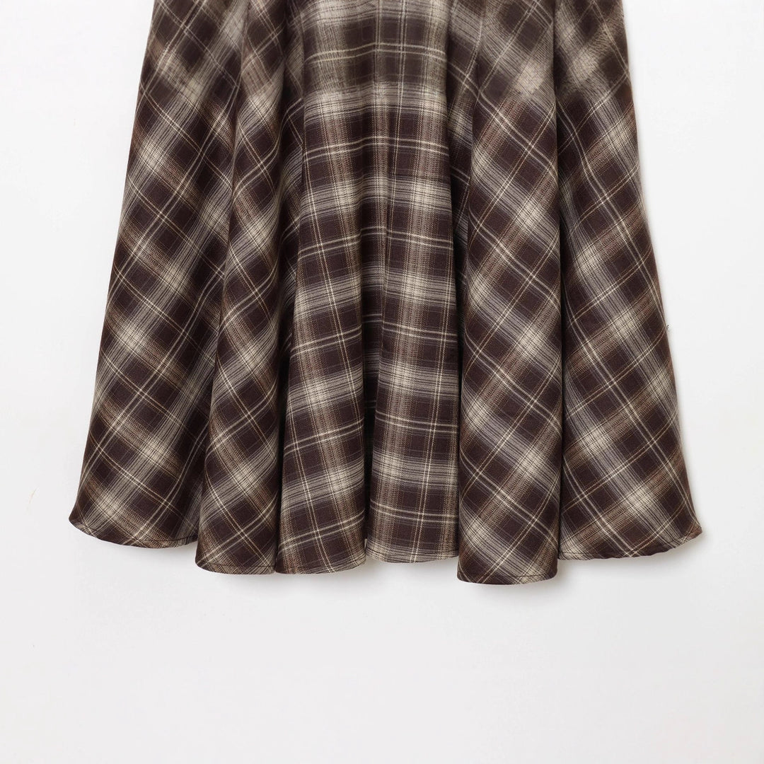 Damen nan ausgestellter Midirock mit Karomuster, hoher Taille und Lederimitatbund Drune