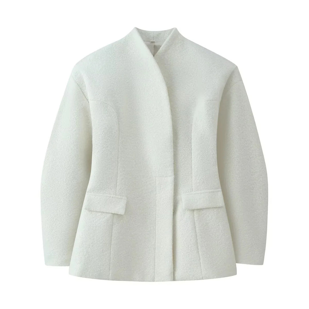Damen nan kastige Bouclé-Kurzjacke mit offener Front und Pattentaschen Drune