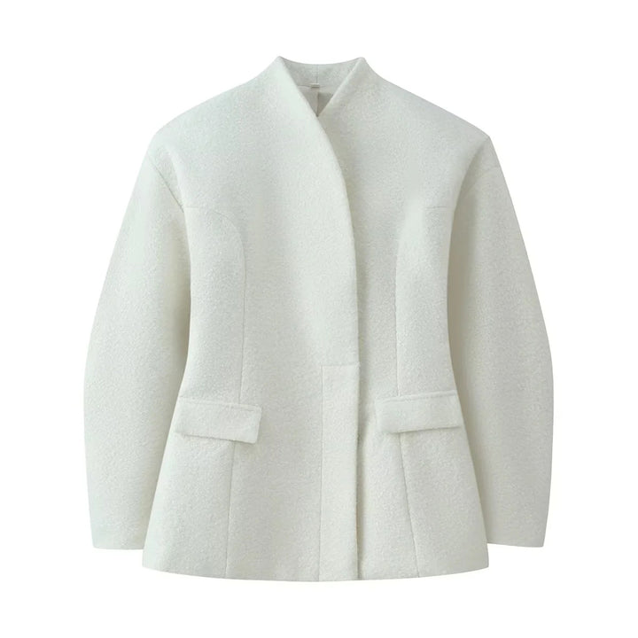 Damen nan kastige Bouclé-Kurzjacke mit offener Front und Pattentaschen Drune