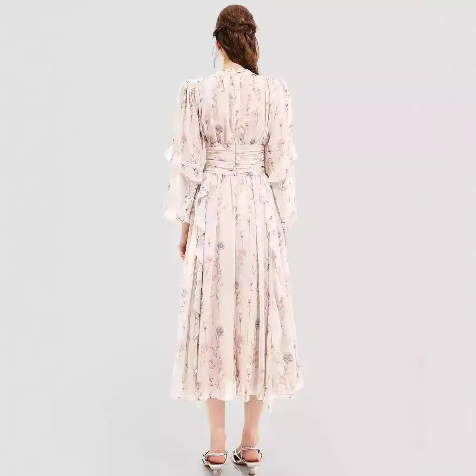 Damen Maxikleid mit floralen Rüschen und Halsbündchen Drune