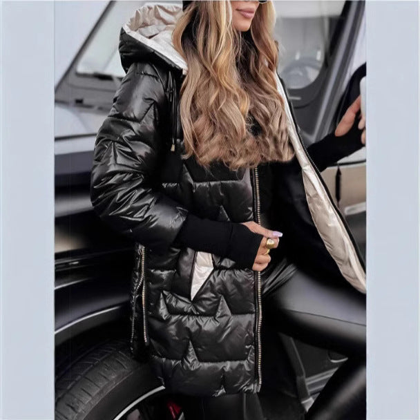 Damen modische und wärmende Steppjacke mit Kapuze Drune