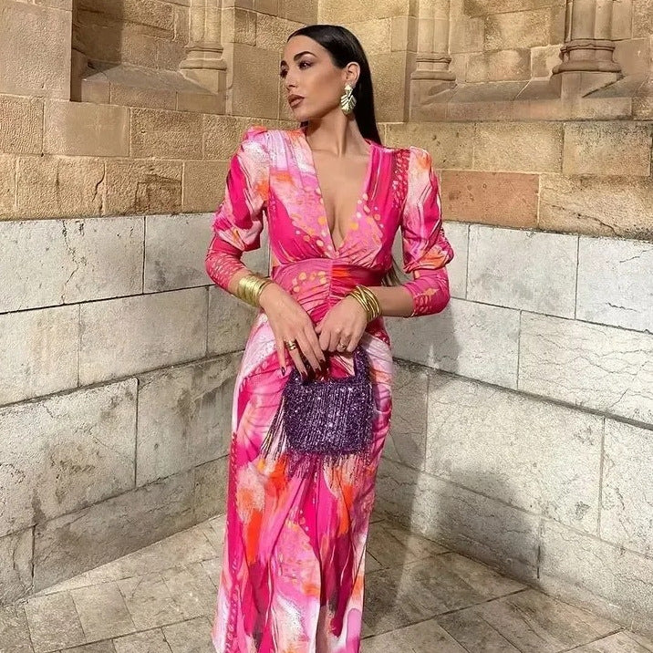 Damen 40+ Maxikleid mit tiefem V‑Ausschnitt, geraffter Taillenpartie und dezenten Puffärmeln Drune