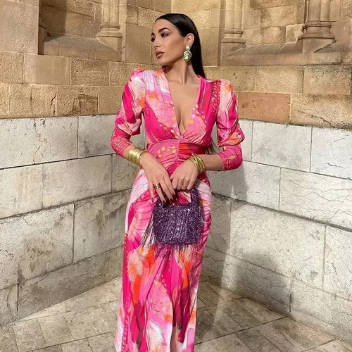 Damen 40+ Maxikleid mit tiefem V‑Ausschnitt, geraffter Taillenpartie und dezenten Puffärmeln Drune