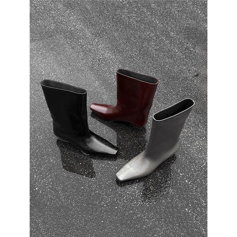 Damen kniehohe Slouch‑Lederstiefel mit quadratischer Zehenform und flachem Absatz Drune