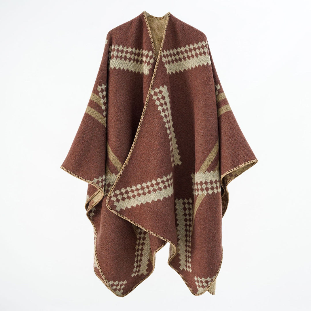 Damen Oversize-Umhangponcho aus Wollmix mit geometrischem Jacquard und Ziernaht Drune