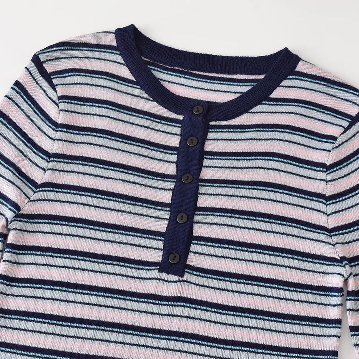 Damen Feinstrick-Henleyshirt mit feiner Streifenstruktur und Knopfblende Drune