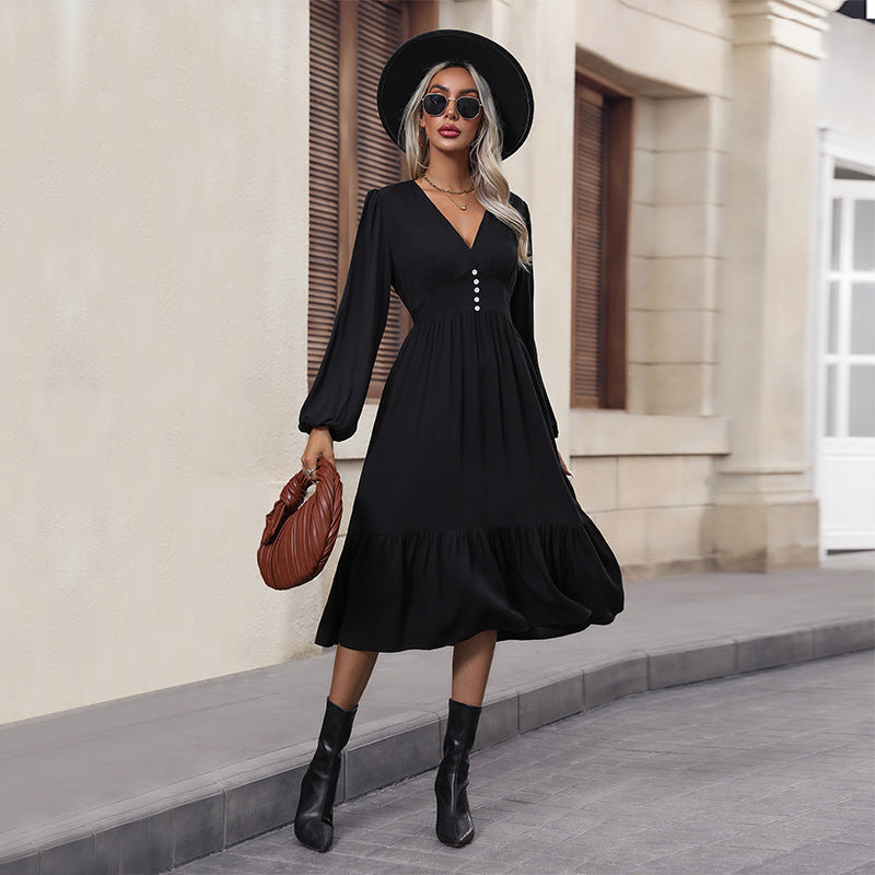 Damen V-Ausschnitt Midikleid mit hoher Taillennaht, langen Ballonärmeln und Volantstufe Drune