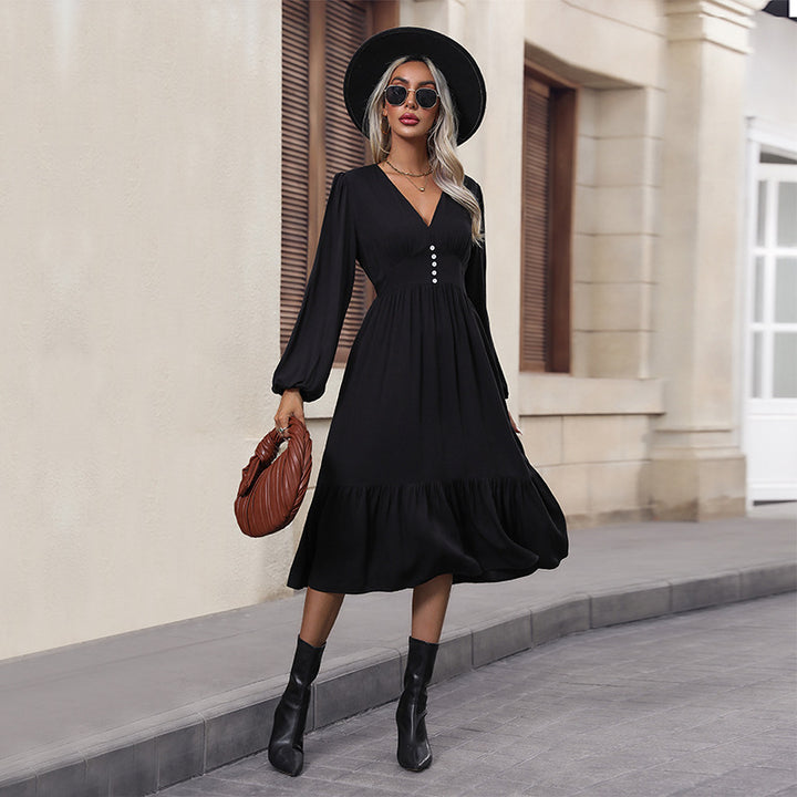 Damen V-Ausschnitt Midikleid mit hoher Taillennaht, langen Ballonärmeln und Volantstufe Drune